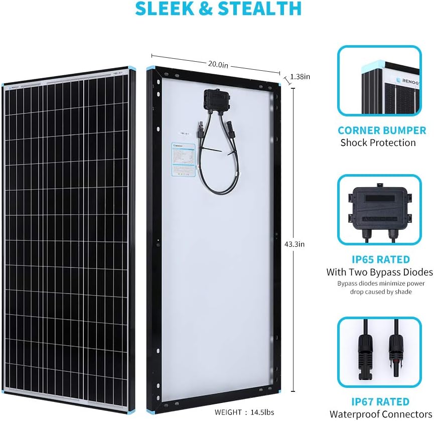 Renogy Solar Panel 200 Watt 12 Volt High-Efficiency Monocrystalline Module PV Power for Camper, Vehicle Caravan and Other Off-Grid Applications, 200W