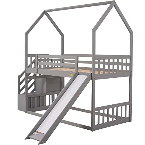Merax Twin Over Twin House Bunk Bed Frames with Slide and Storage Staircase, No Box Spring Needed, White