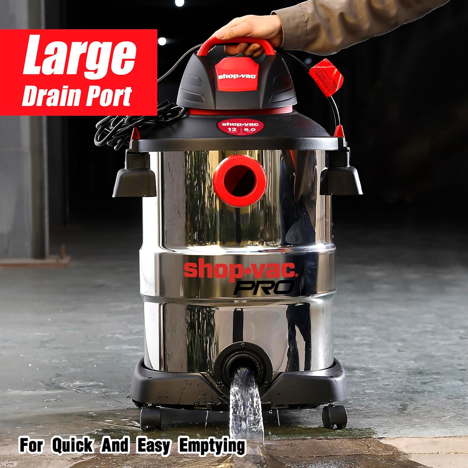 Shop-Vac 12 Gallon 6.0 Peak HP Wet/Dry Vacuum, Stainless Steel Tank, 3 in 1 Function Portable Shop Vacuum with Attachments, Drain Port