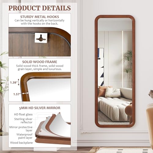 dnbss 63"x18" Wooden Full Length Mirror, Solid Wood Frame Full Body Mirror, Standing Floor Mirror, Stand or Wall-Mounted Mirror