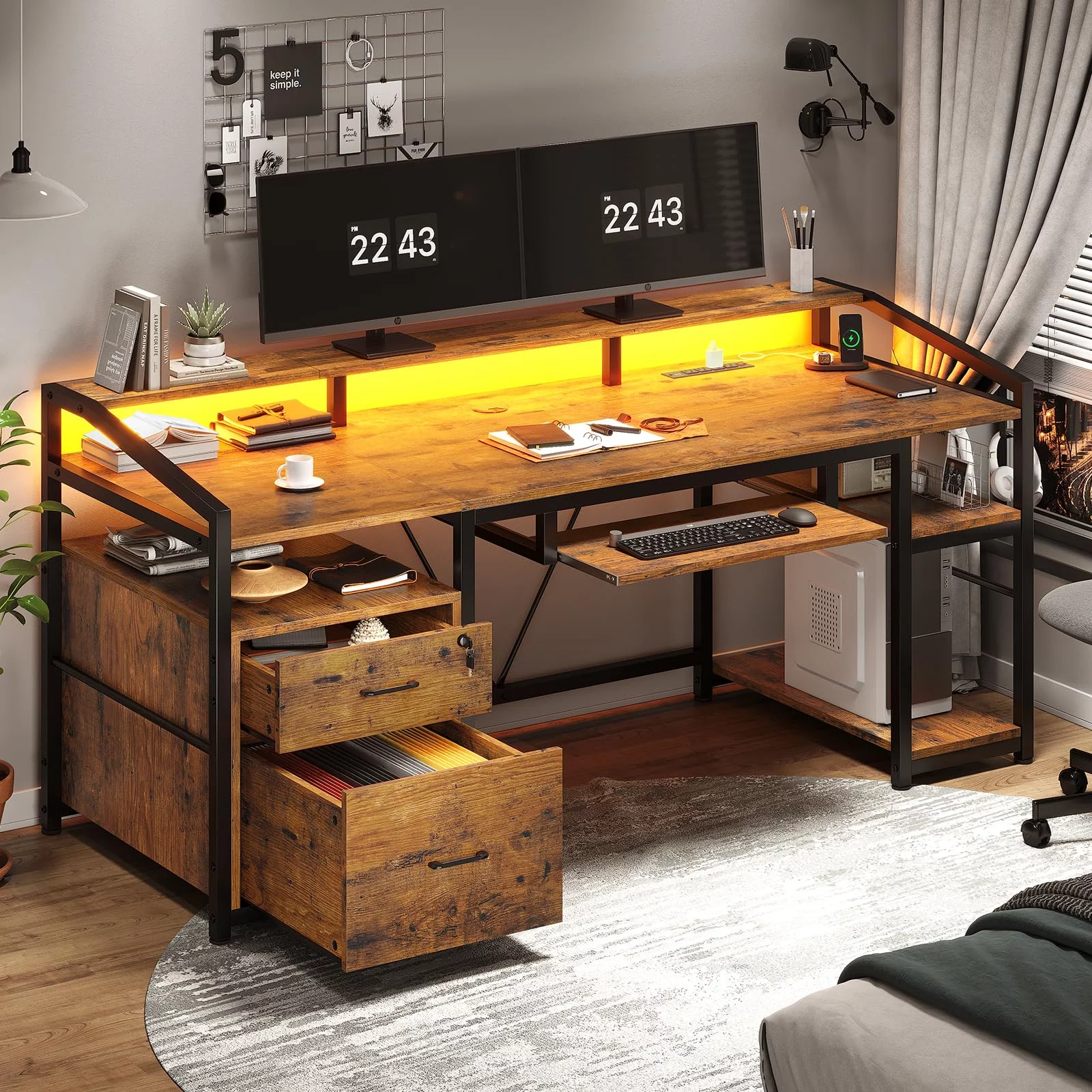 Computer Desk with LED Light and Power Outlet, 63 inches Gaming Desk with Lock Drawers for Legal/Letter File, Rustic Brown