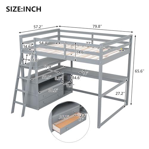 Full Size Loft Bed with Desk & Wardrobe, Solid Wood Kids Loft Bedframe w/3 Storage Drawers & 2 Shelves, Maximum Space Design, for Bedroom, Dorm, Gray