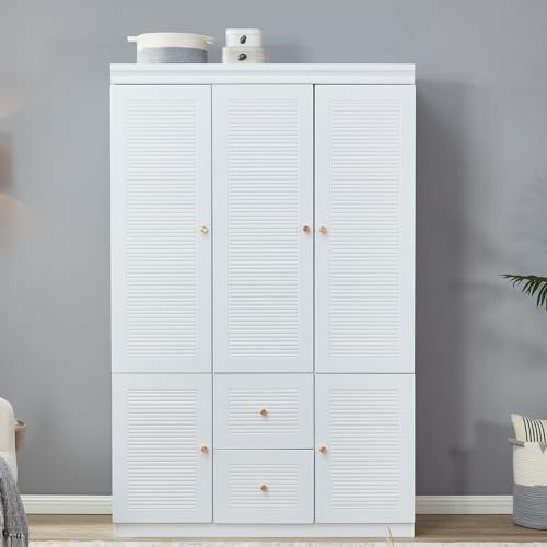 Large Armoire Wardrobe Closet Freestanding 2 Door Drawer Wooden for Bedroom Clothes Organizer Storage Cabinet with Metal Handle Hanging Rod and