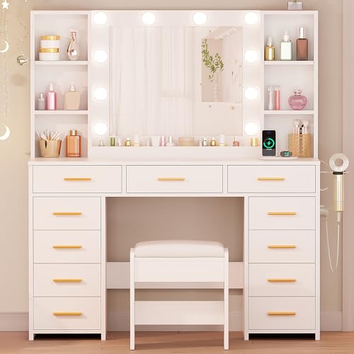 ANWBROAD White Vanity Desk with Mirror and Lights Makeup Vanity Desk with Power Outlet 11 Drawers 9 Shelves Hair Dryer Stand 3 Color Lighting Modes