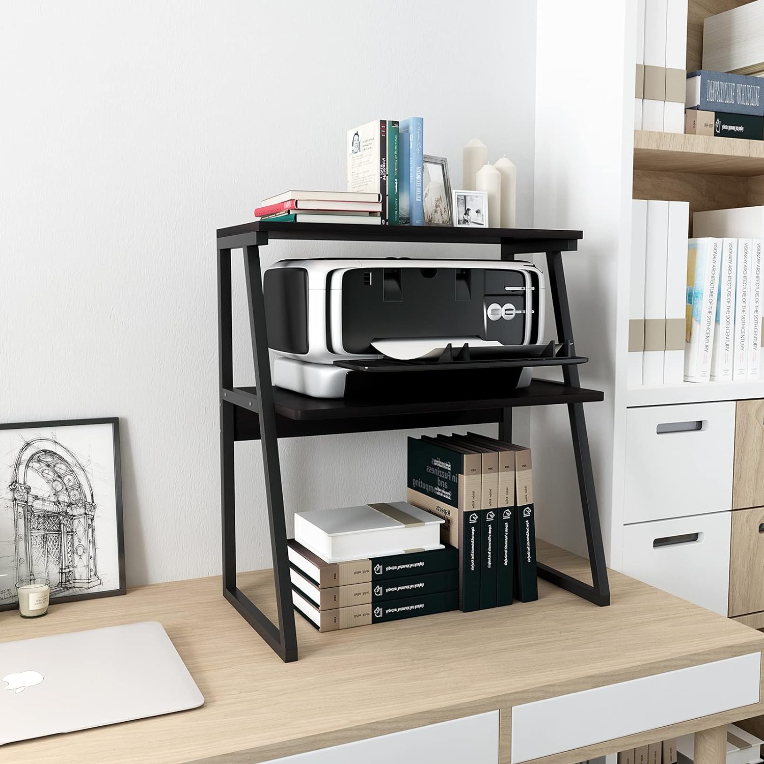 PUNCIA Desktop Printer Stand 3-Tier Large Size High Capacity Storage Shelves Multi-Purpose Desk Office Organization and Storage for Printer Fax Book