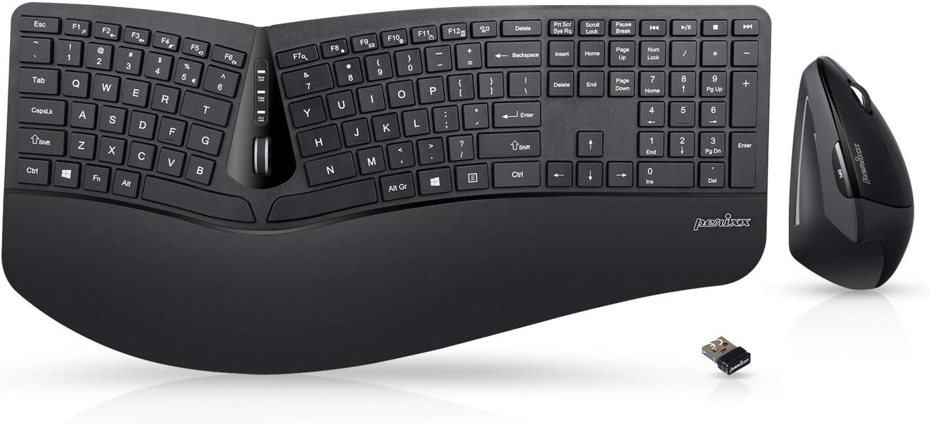 Perixx Periduo-505, Wired USB Ergonomic Split Keyboard and Vertical Mouse Combo with Adjustable Palm Rest and Short Tactical Membrane Keys