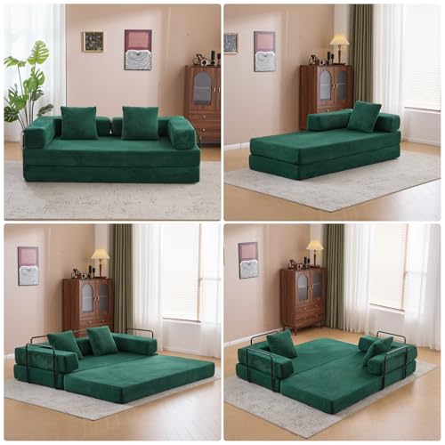 Compression Floor Sofa Bed, Convertible Foldable Sofa with Support Backrest and Armrest, Corduroy Fabric Modular Sectional Couch with 2 Pillows