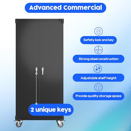 71" Metal Storage Cabinet with Wheels and Pegboard, Lockable Rolling Steel Storage Cabinet with 5 Adjustable Shelves and Door for Garage, Office