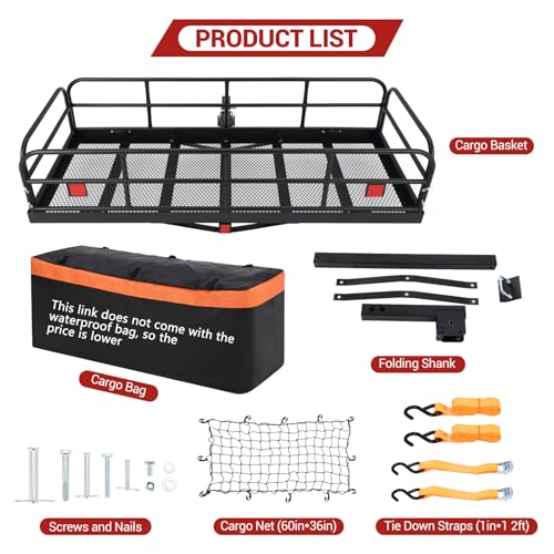 Hitch-Mounted Cargo Carrier | 60"x24"x14" Basket with 500 Lb Capacity | with Net and Straps | Fits 2-Inch Receivers | for Cars and SUVs