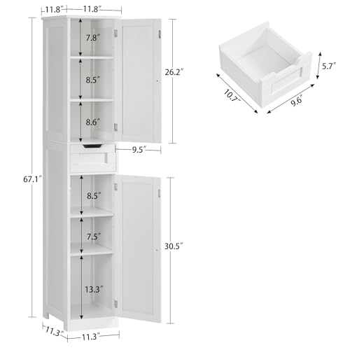 Iwell 67" Tall Bathroom Cabinet, Storage Cabinet with 2 Doors & 1 Drawer, Bathroom Storage Cabinets with Adjustable Shelves, for Living Room