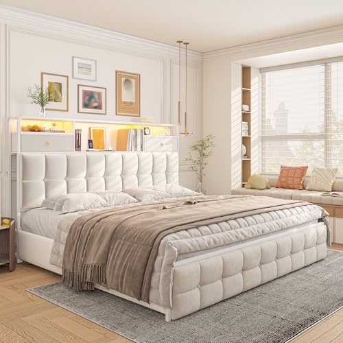 EnHomee King Size Bed Frame with 4 Storage Drawers King Bed Frame with Headboard Built in Charging Station and LED Lights, No Noise