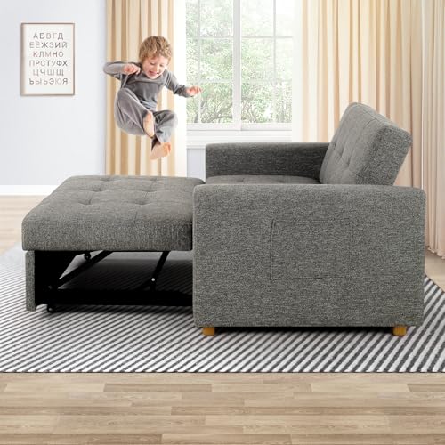 SEJOV 3-in-1 Convertible Sofa Bed, Linen Fabric Sleeper Couch Pull Out Bed, 49" 2-Seater Loveseat Futon Sofa with Spring Support