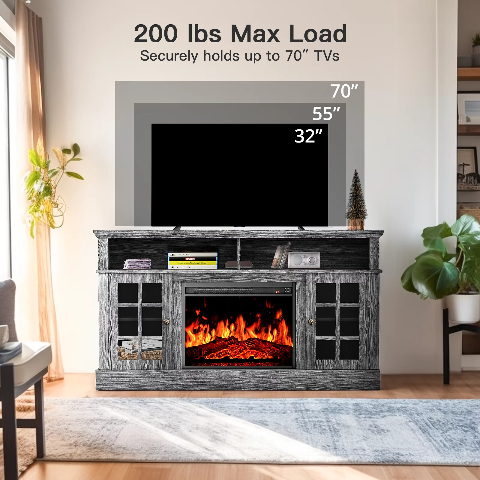 Electric Fireplace TV Stand with 23″ Fireplace for up to 65 Inch TVs, Fireplace TV Console Entertainment Center with Adjustable Shelves