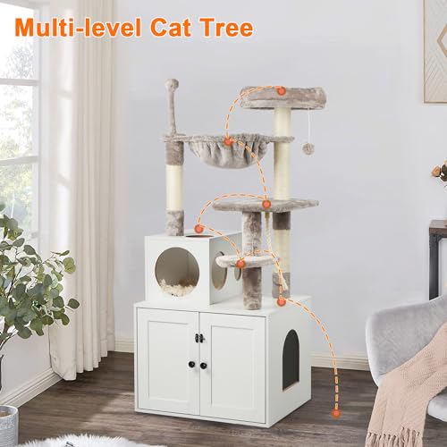 Cat Tree with Litter Box Enclosure, 2-in-1 Cat Tower for Indoor Cats, Large Wood Cat Condo with Basket, Scratching Posts, Pompoms, Rustic Brown