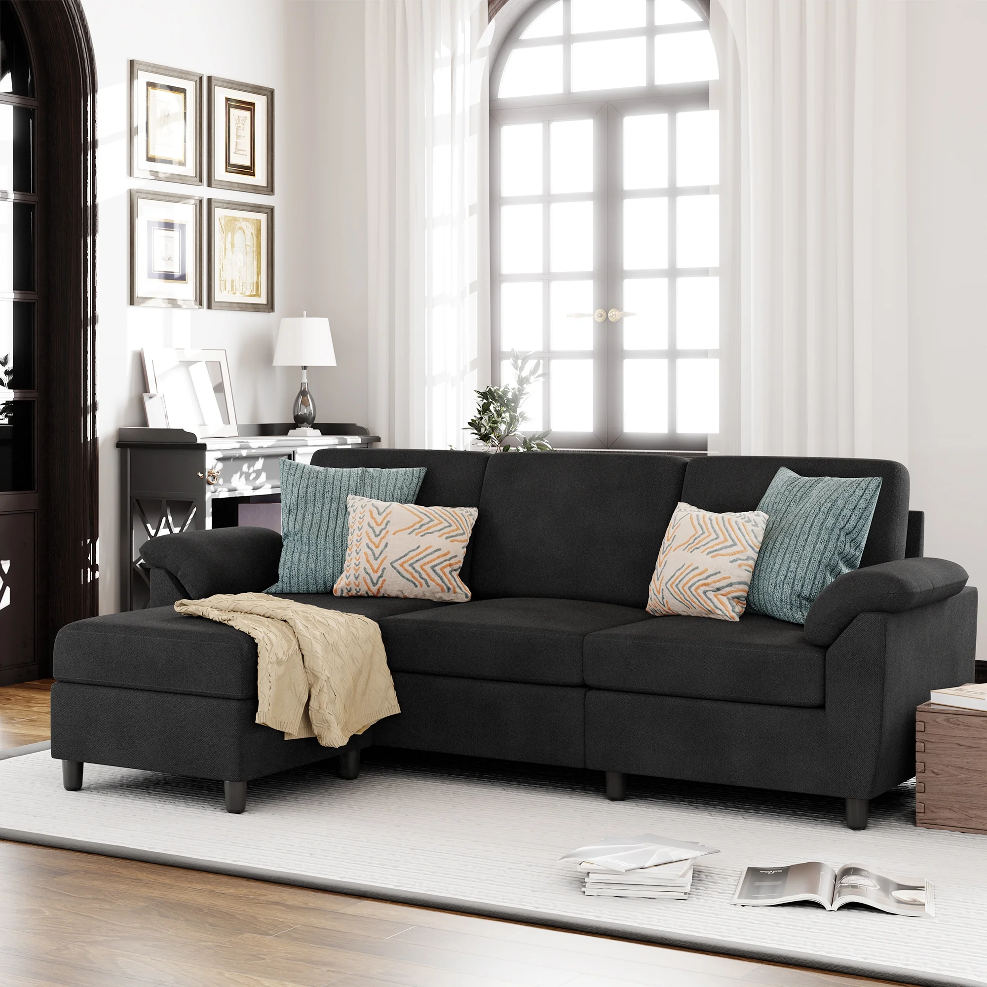 Walsunny 79 Convertible Sectional Sofa Couch,Linen Fabric L Shaped Sofa with Removable Pillows Dark Gray