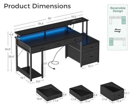 AODK 55 Inch Computer Desk with 3 Drawers and File Cabinet for Storage, Office Desk with Monitor Stand and LED Lights, Home Office Desks, Black