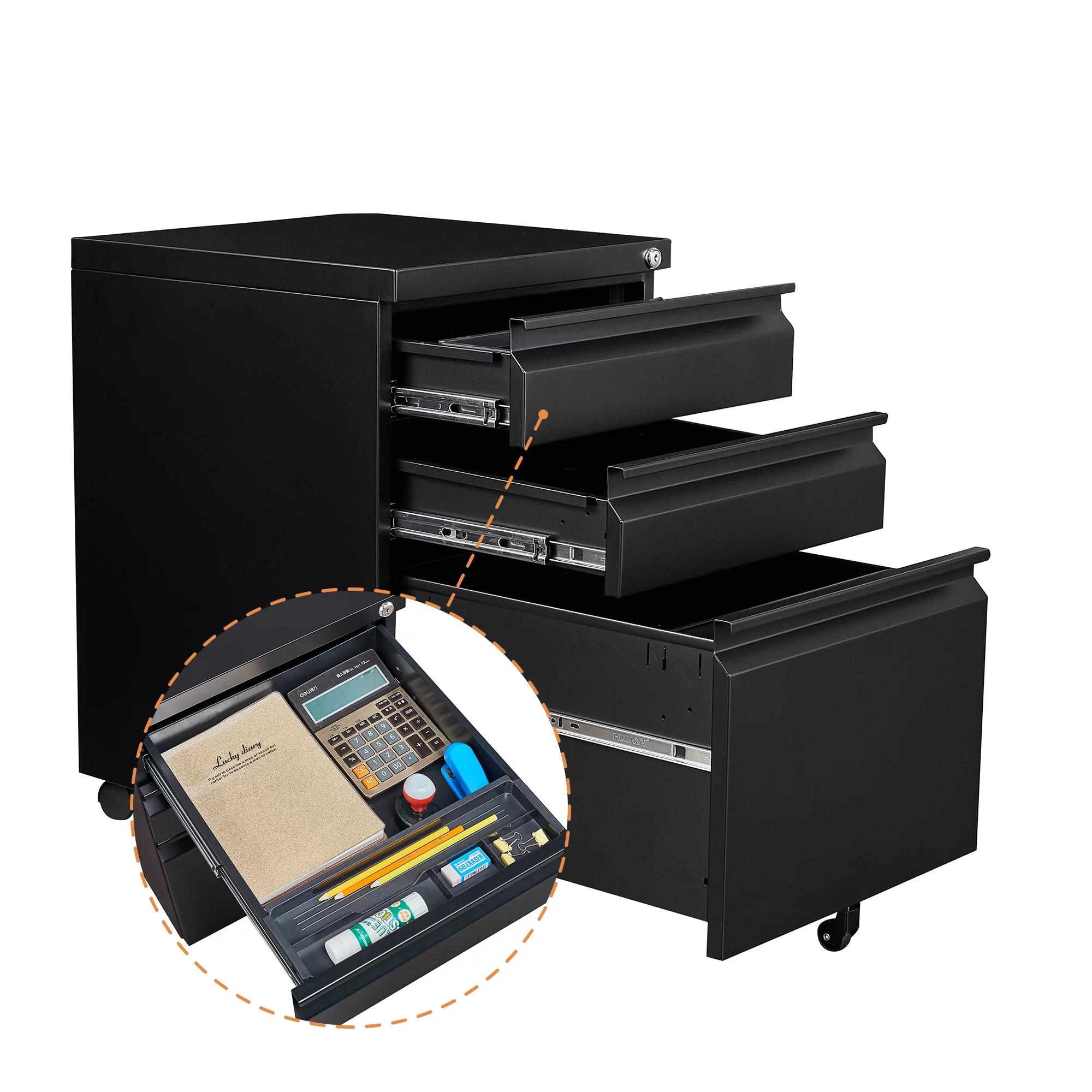 GangMei 3 Drawer Black Mobile File Cabinet with Lock, Under Desk Metal Movable Filing Cabinet, Fully Assembled