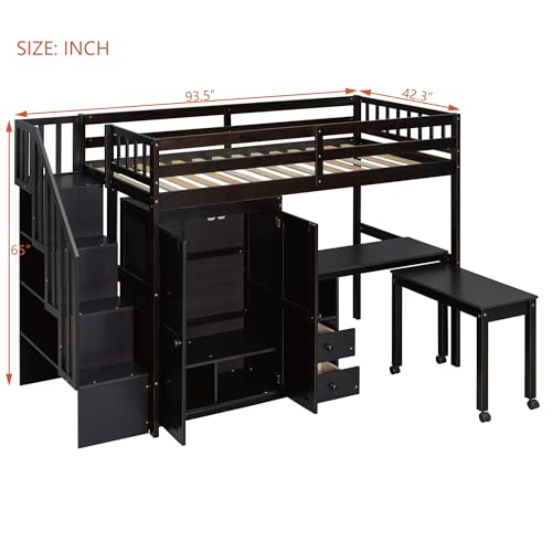 Harper & Bright Designs Twin Size Loft Bed with Stairs and Bookshelf, Wood Twin Storage Bed with Desk & Wardrobe