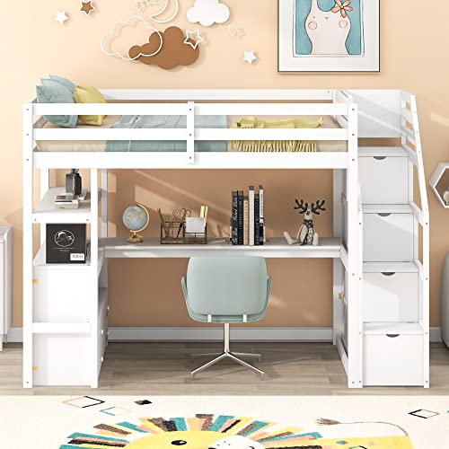 Harper & Bright Designs Twin Over Twin Bunk Bed with Stairs and Trundle, Solid Wood Stairway Bunk Bed Frame with Storage