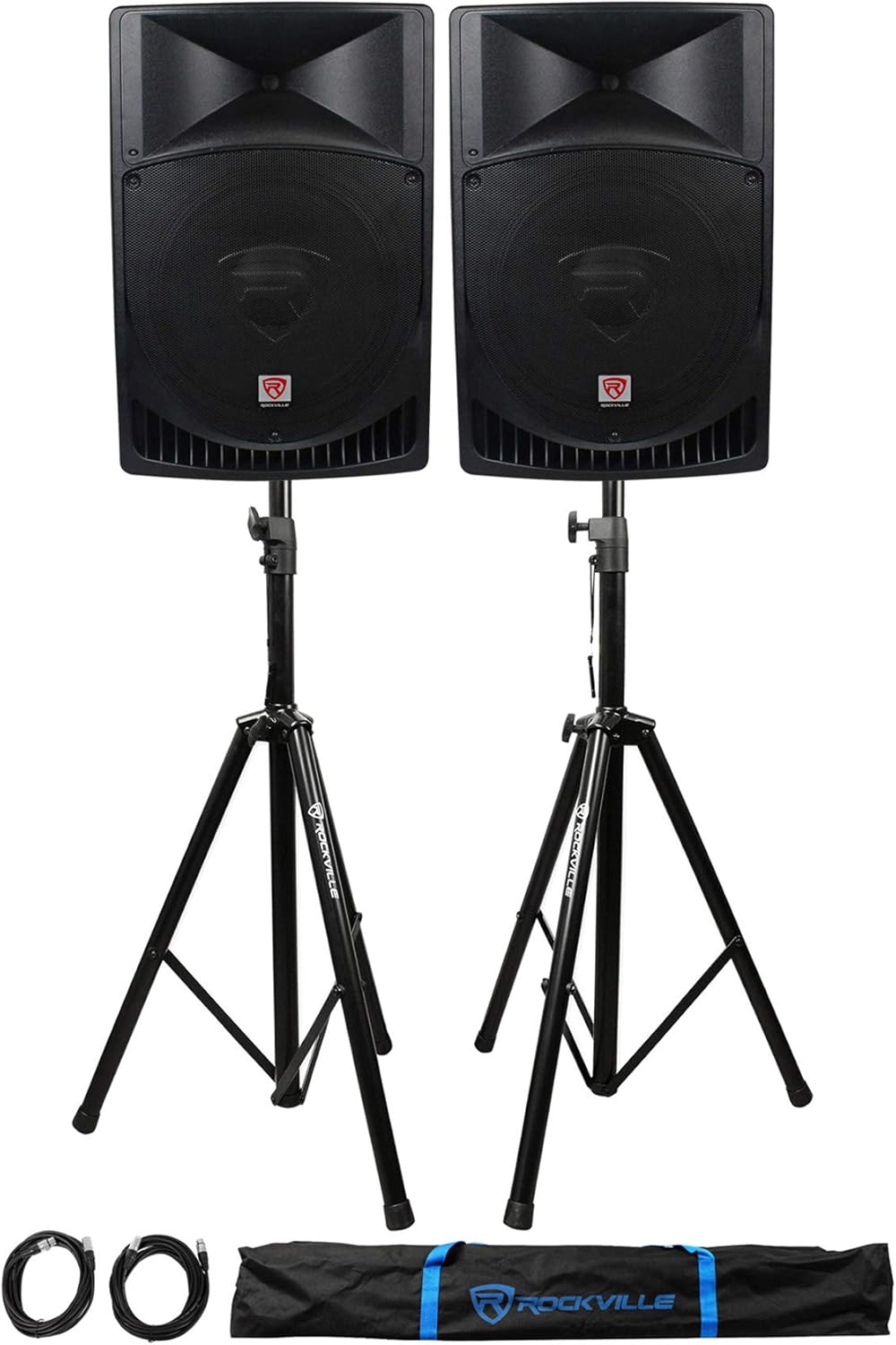 Pair Rockville RPG15 15 2000w Powered PA/DJ Speakers + 2 Stands + 2 Cables+Bag