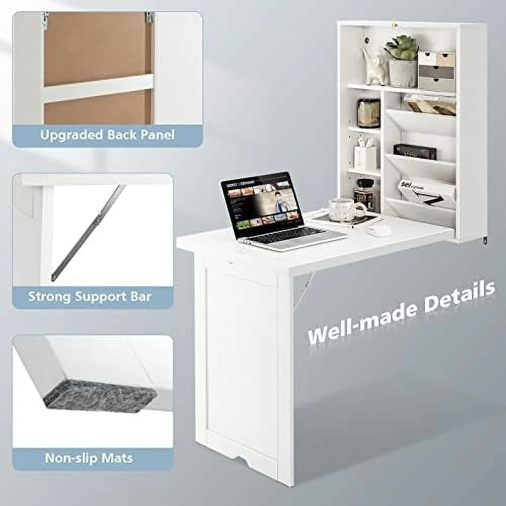 HJZBNONE Wall Mounted Desk  Folding Floating Desk with 3-Tier Tilt  Partition and Adjustable Shelves  Space-Saving Fold up Desk Laptop Desk