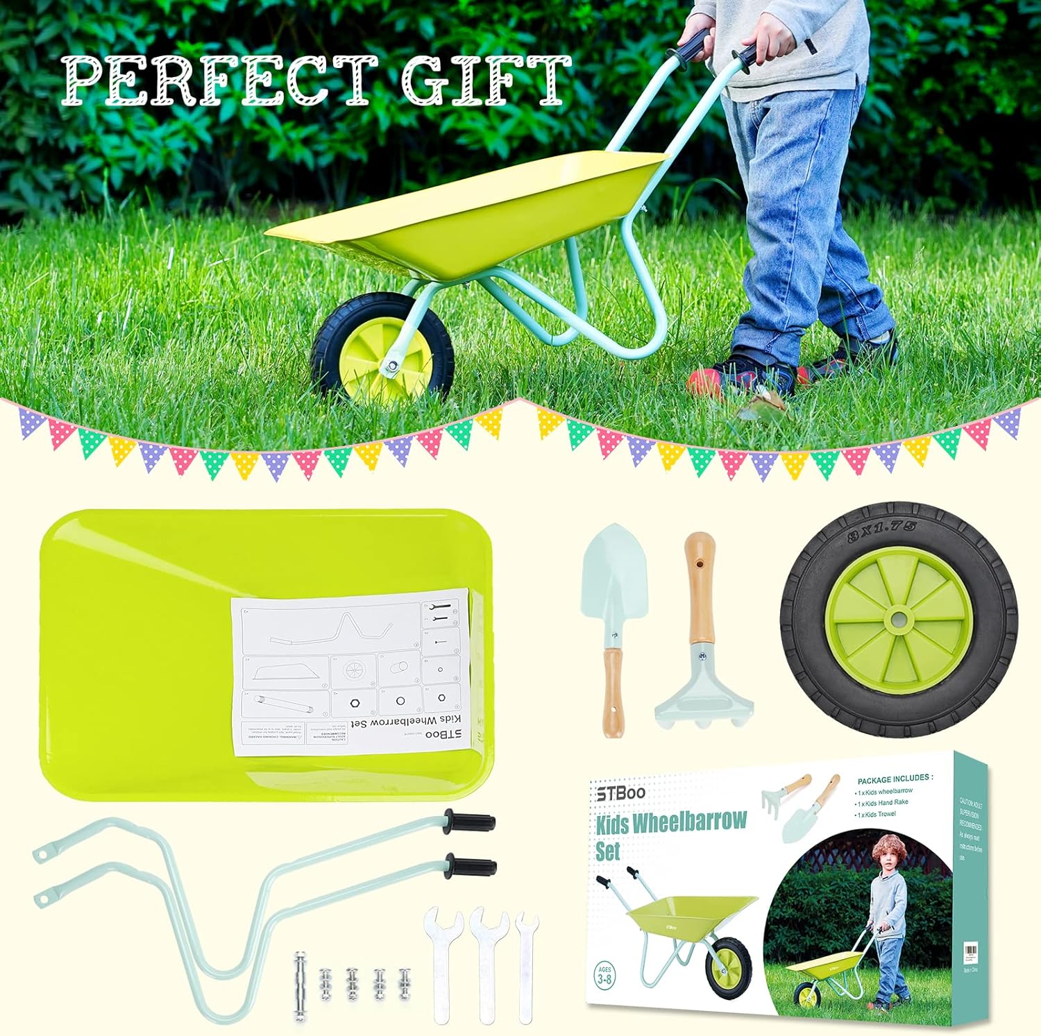 STBoo Kids Wheelbarrow Gardening Tools Set, Metal Child Wheel Barrel with Hand Rake, Shovel, Mini Garden Carts Outdoor Play Yard Work