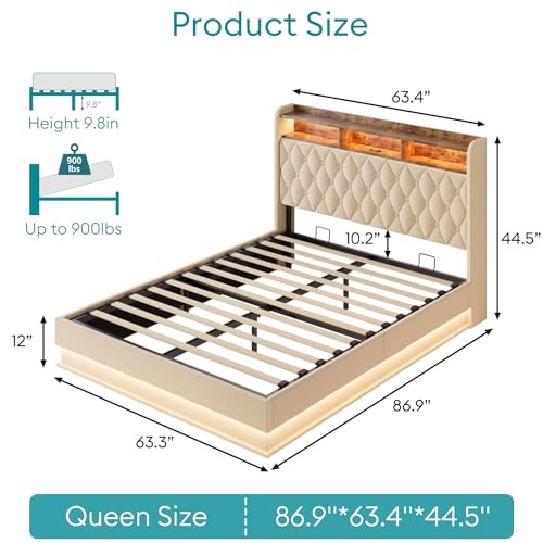 Queen Bed Frame with Storage - Lift Up Queen Size Bed Frame with Headboard, Upholstered Platform Bed with LED Lights & Charging Station