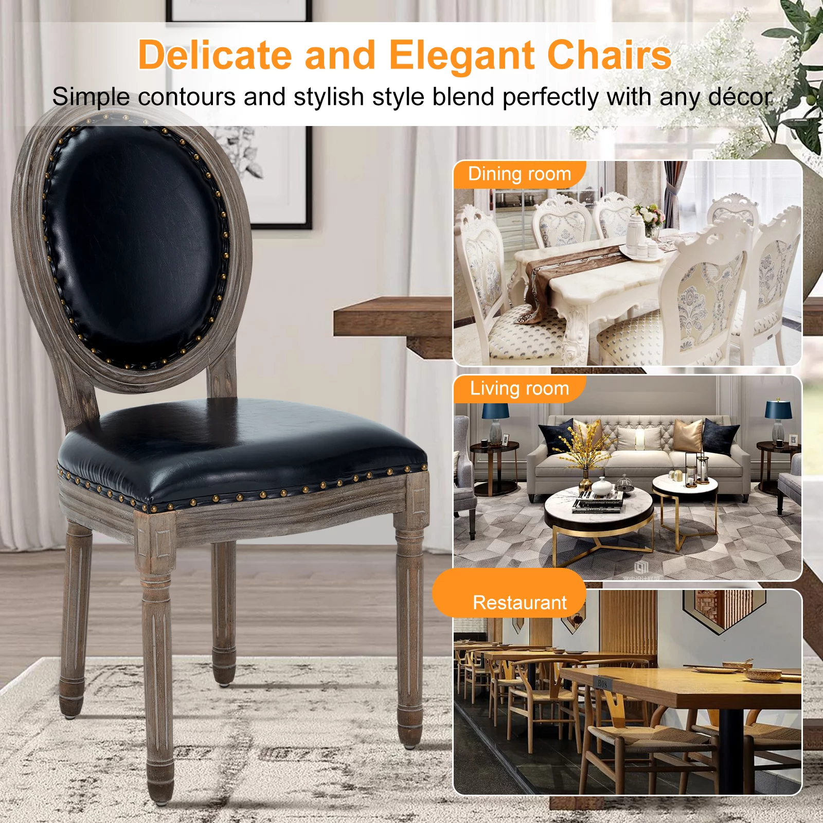 AVAWING Farmhouse Leather Dining Room Chairs 2 PCS, French Chairs with Round Back, Brown Wood Legs