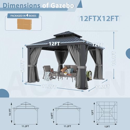 Aoxun 10' X 12' Hardtop Gazebo, Aluminum Outdoor Gazebo with Galvanized Steel Double Top Canopy