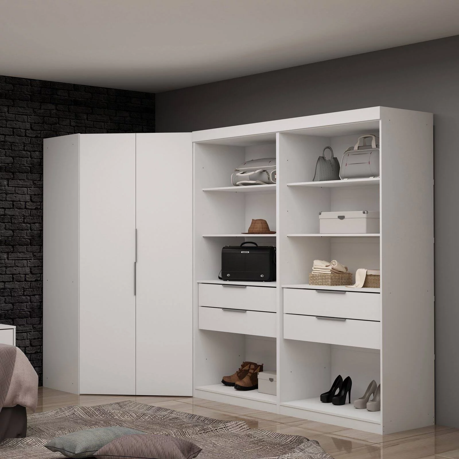 Manhattan Comfort Mulberry 2.0 Semi Open 3 Sectional Modern Wardrobe Corner Closet with 4 Drawers - Set of 3 in White