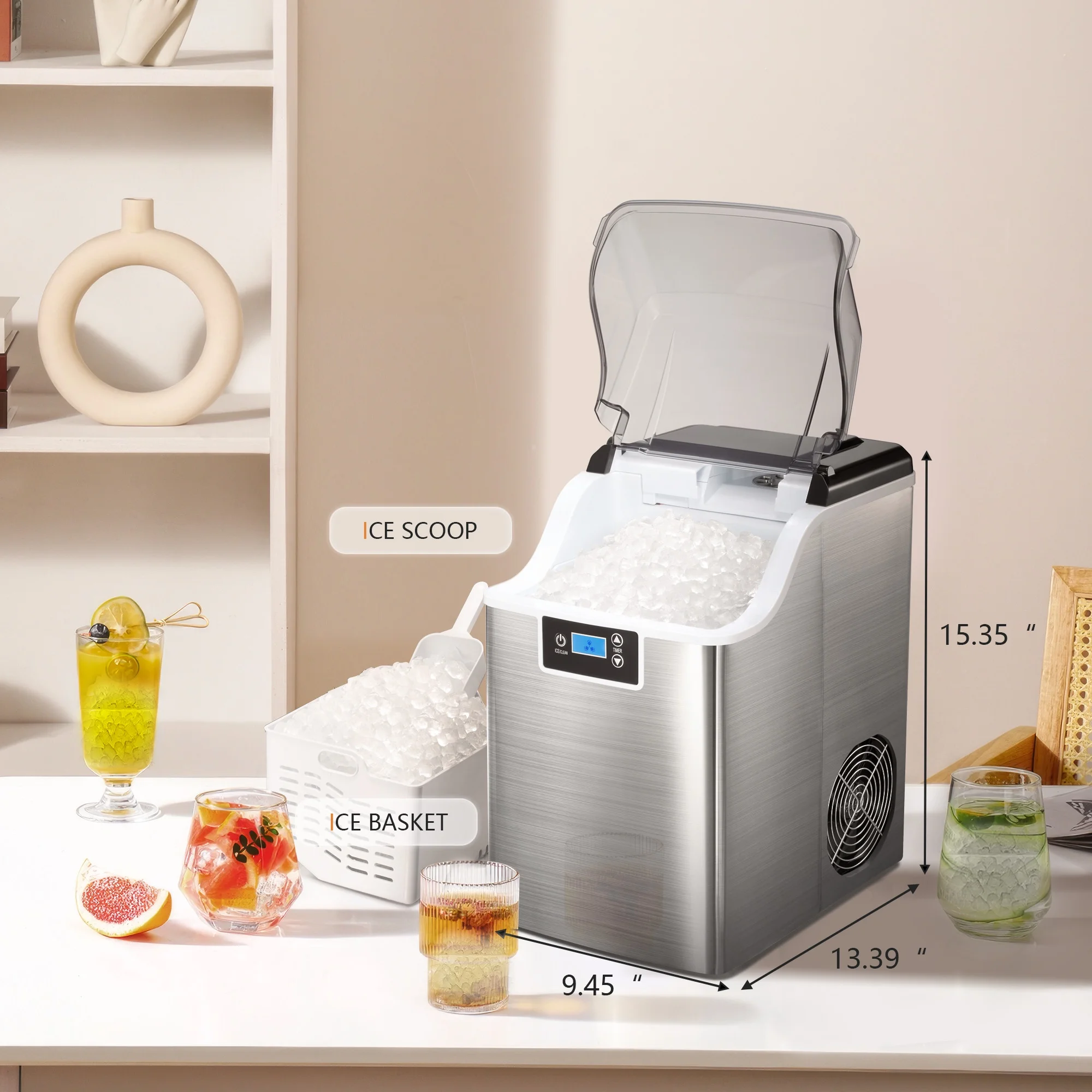 Besttey Countertop Ice Maker, Nugget Chewable Soft Ice, 44 lbs/24 H, Auto-Cleaning, Portable/Compact, w/ Basket & Scoop, Silver