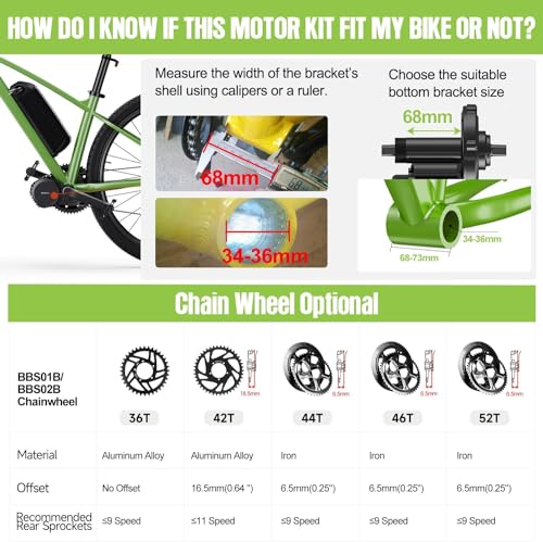 BAFANG BBS02B 36V/48V 500W Mid Drive Kit with Battery(Optional) 48V Ebike Motor with DIY LCD Display/Controller Electric Bikes Conversion kit for
