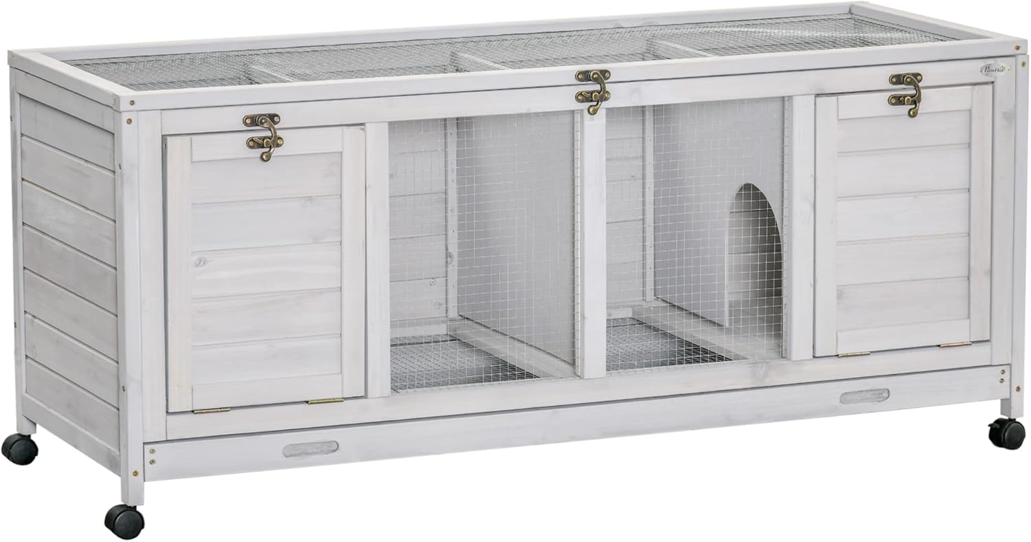 Wooden Rabbit Hutch, Bunny Cage with Wheels, Dividers, Openable Roof, Removable Trays, Small Animal Cages for 1-2 Rabbits, Indoor Outdoor Use