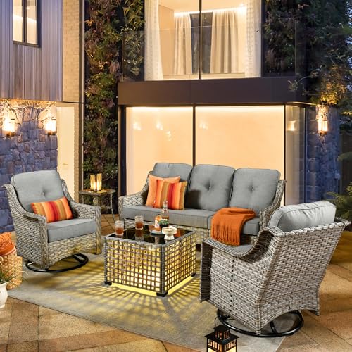 6 Piece Patio Furniture Sets with Fire Pit Table,Outdoor Wicker Furniture Set