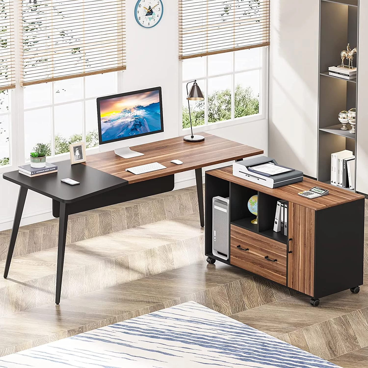 Tribesigns Executive Desk L Shape Office Desk with Drawer File Cabinet, 70 inch L Shaped Computer Desk with Storage Large Office Desk Set