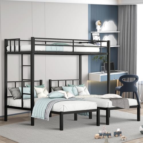 Twin Triple Bunk Bed, Heavy Duty Metal Bunk Bed with Guardrails, Ladder, Detachable Into 3 Twin Beds for Kids, Teens and Adults, Space-Saving Design