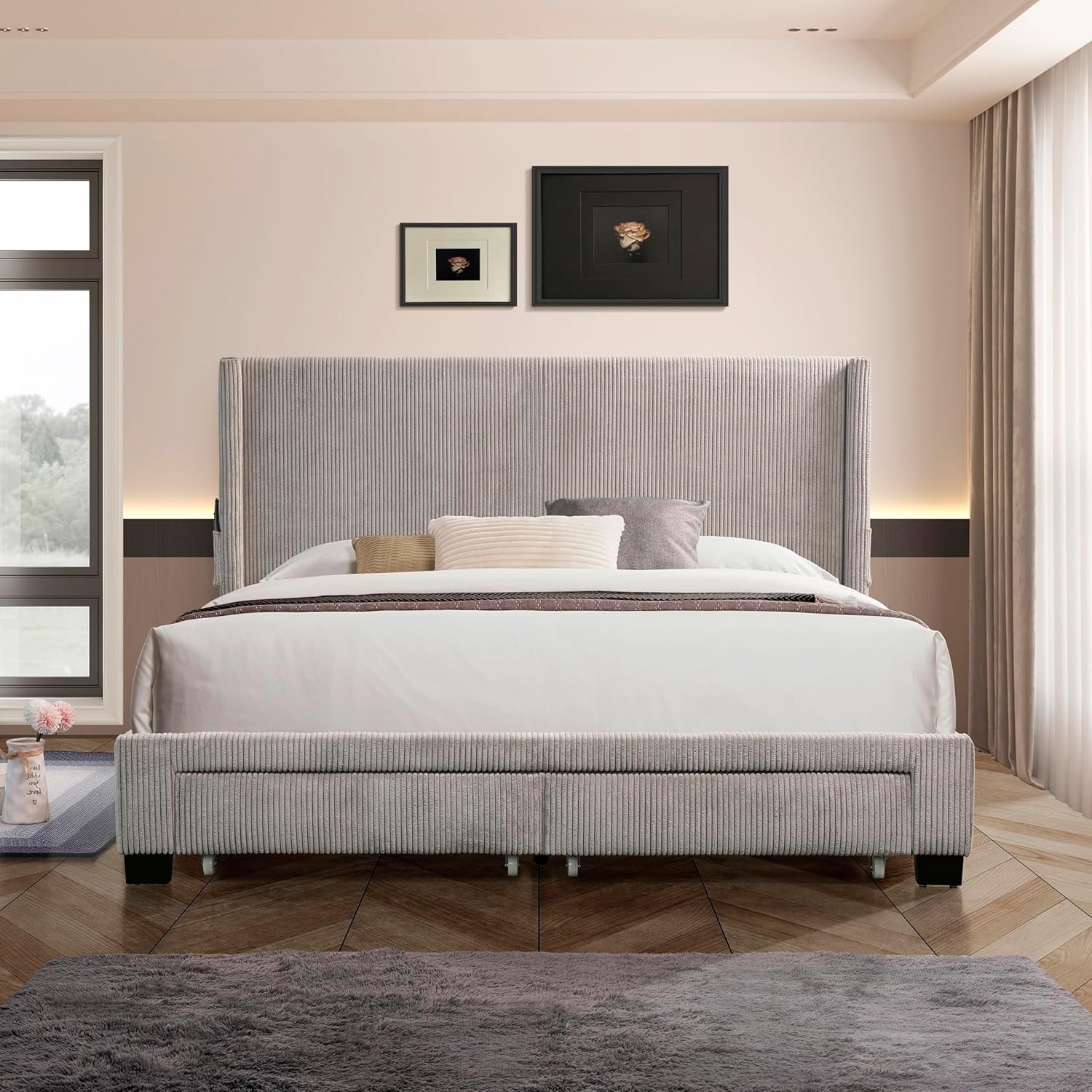 Queen Size Bedroom Platform Bed Frame with Corduroy Velvet Headboard and Drawer Storage