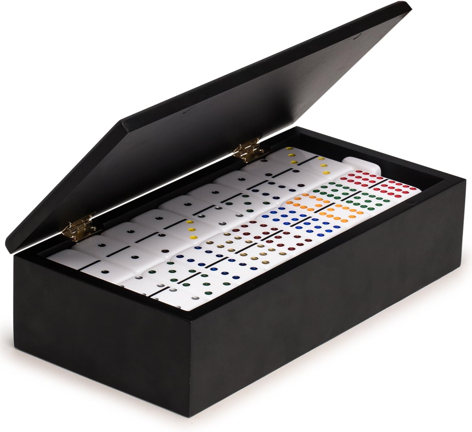 Yellow Mountain Imports Double 12 Colored Pips/Dots Dominoes in Black Lacquer Case