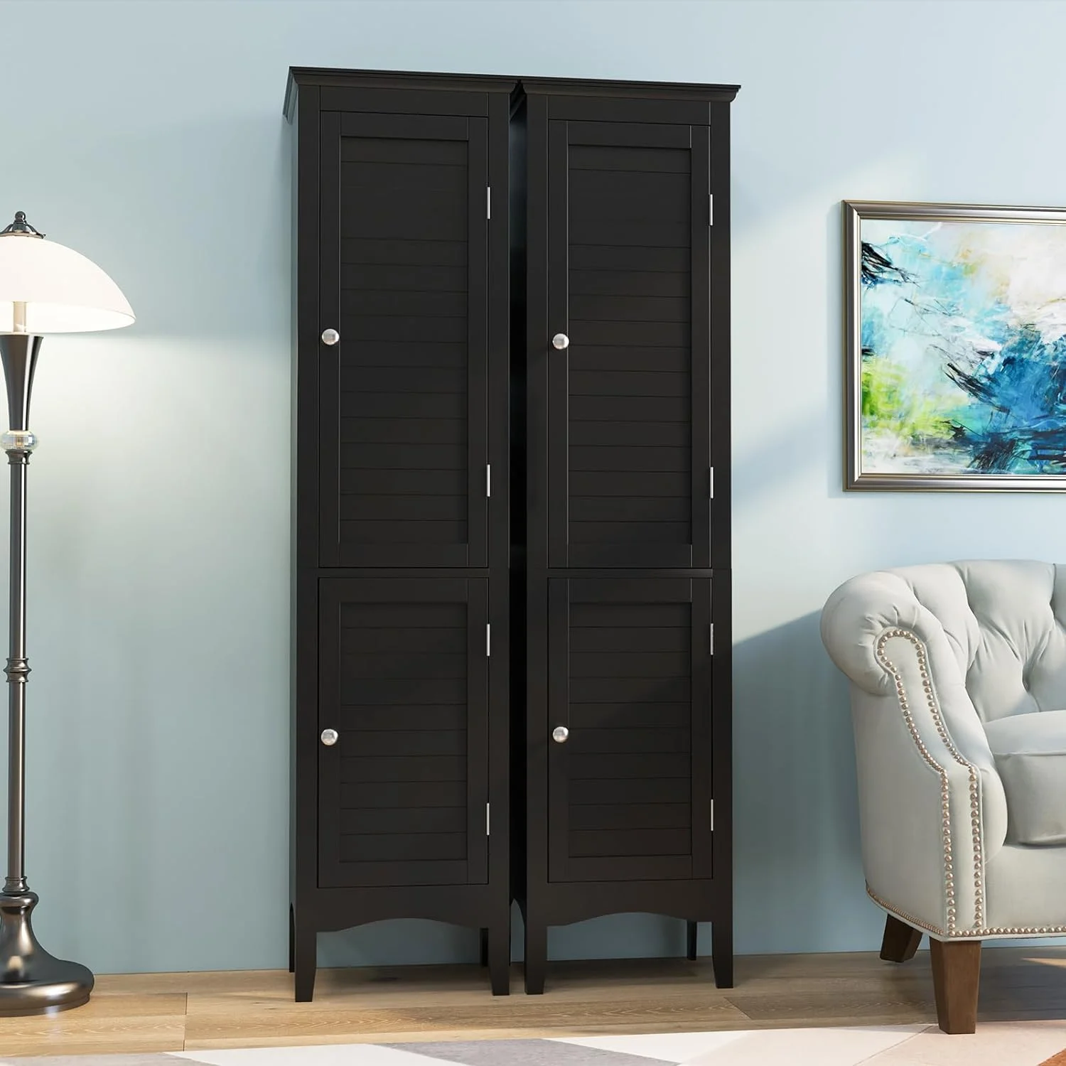 Bathroom Tall Storage Cabinet - Narrow Freestanding Floor Cabinet with Doors, 5 Tier Shelves(1 Height Adjustable)