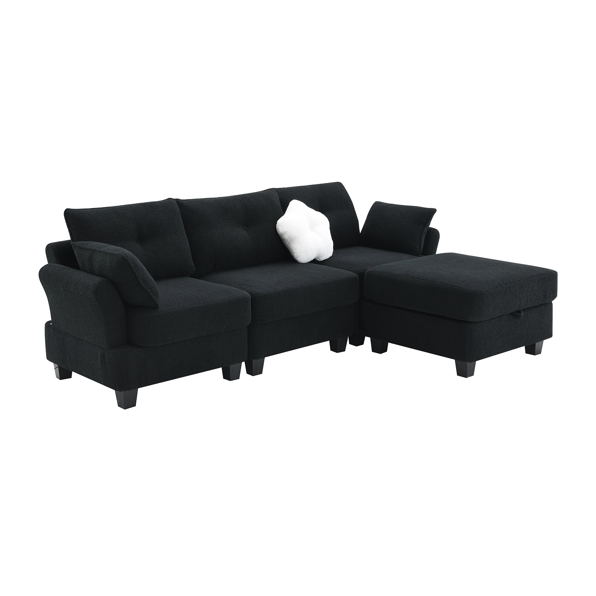 Fayen Velvet Sectional Sofa with Storage Ottoman - Black