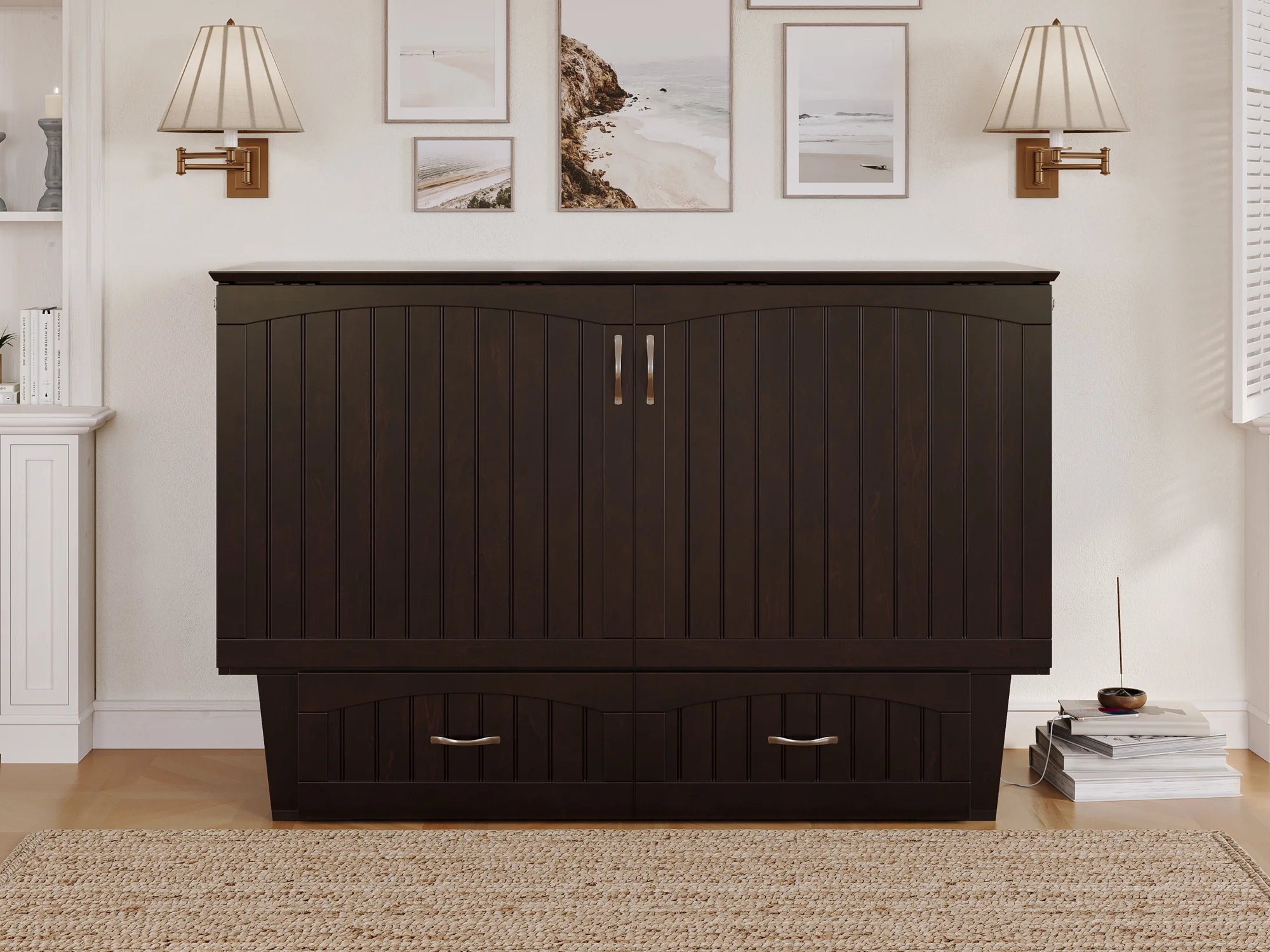 AFI Nantucket Queen Solid Wood Murphy Bed Chest with Mattress, Drawer & Charger in Espresso