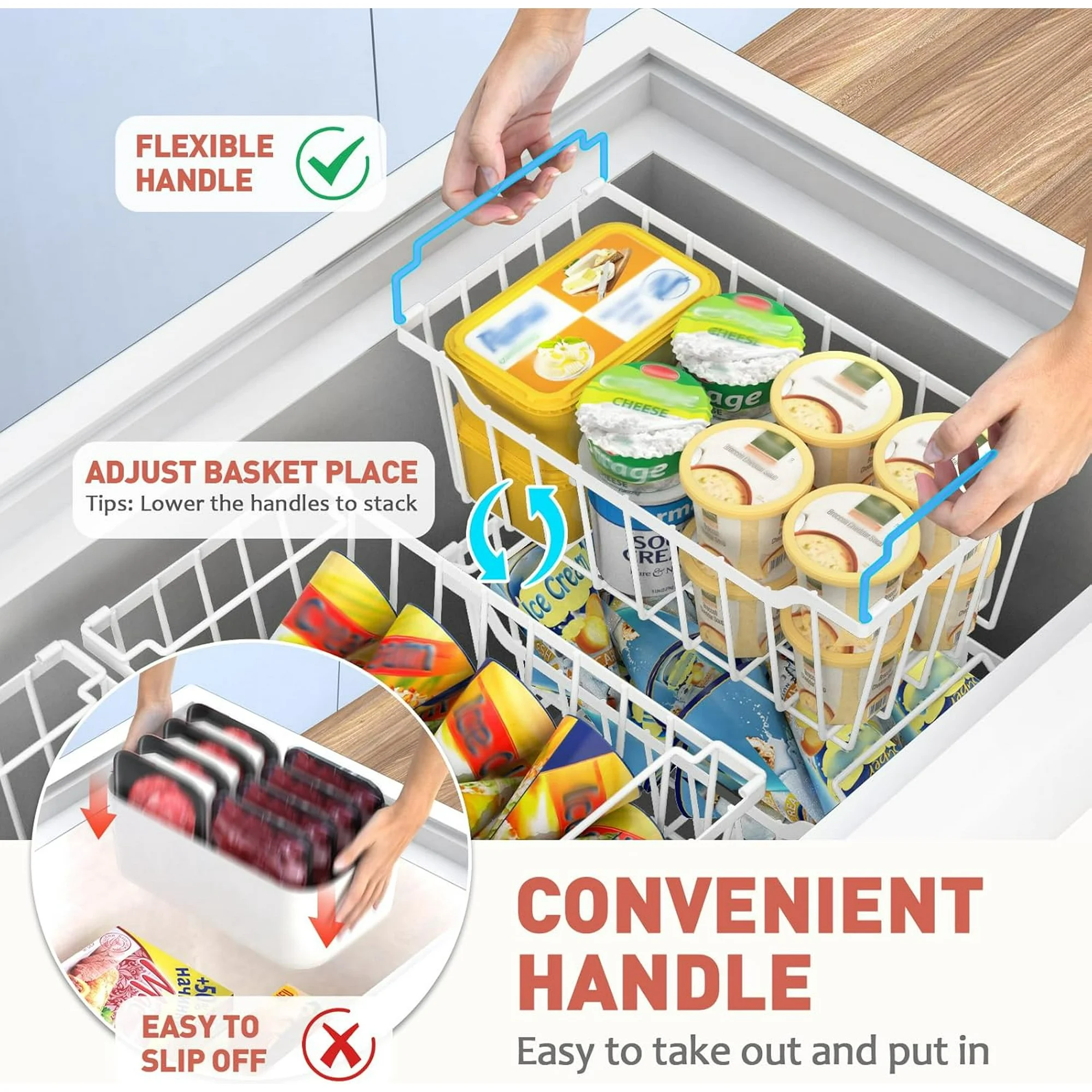 8-Pack Freezer Organizer Bins with Foldable Handles, Stackable Deep Freezer Baskets for 3.5-7 Cubic Feet Freezers, White Metal Storage Bins