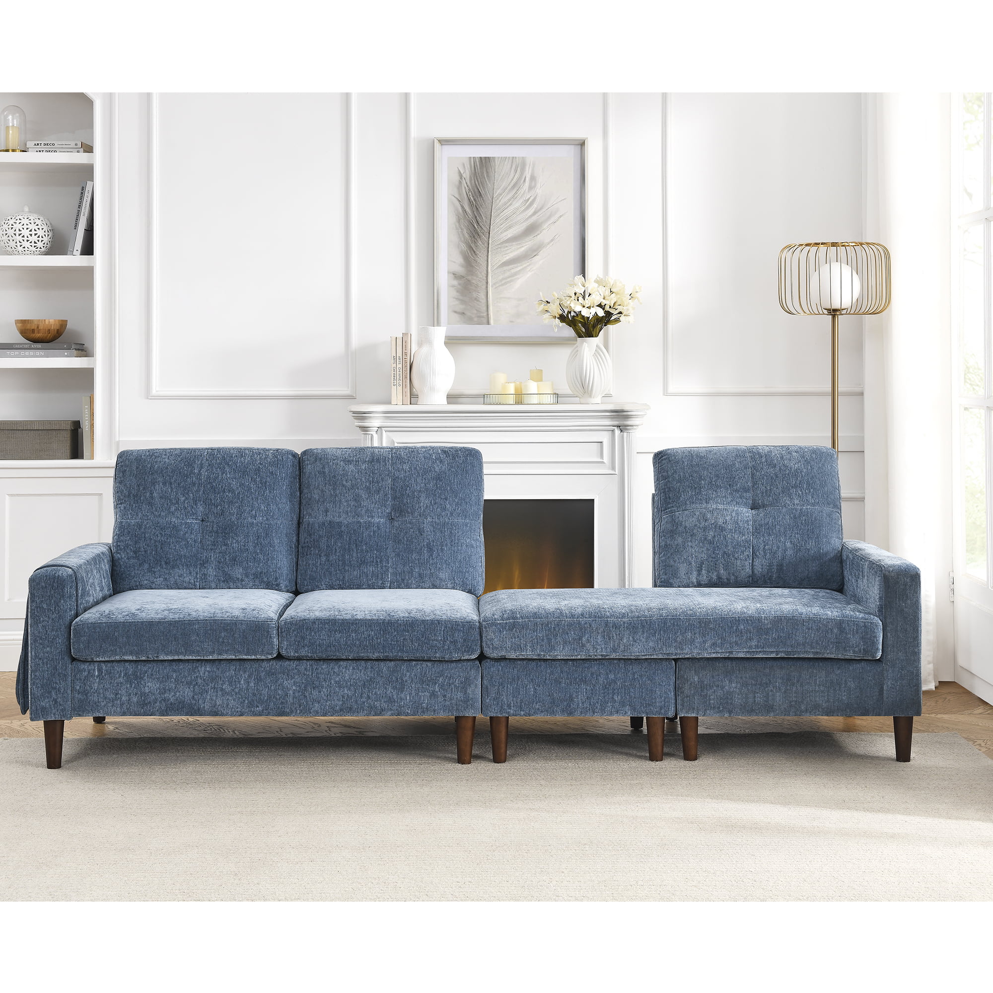 80" Convertible Sectional Sofa Couch, 3 Seats L-shape Sofa with Removable Cushions and Pocket, Rubber Wood Legs, Navy Chenille