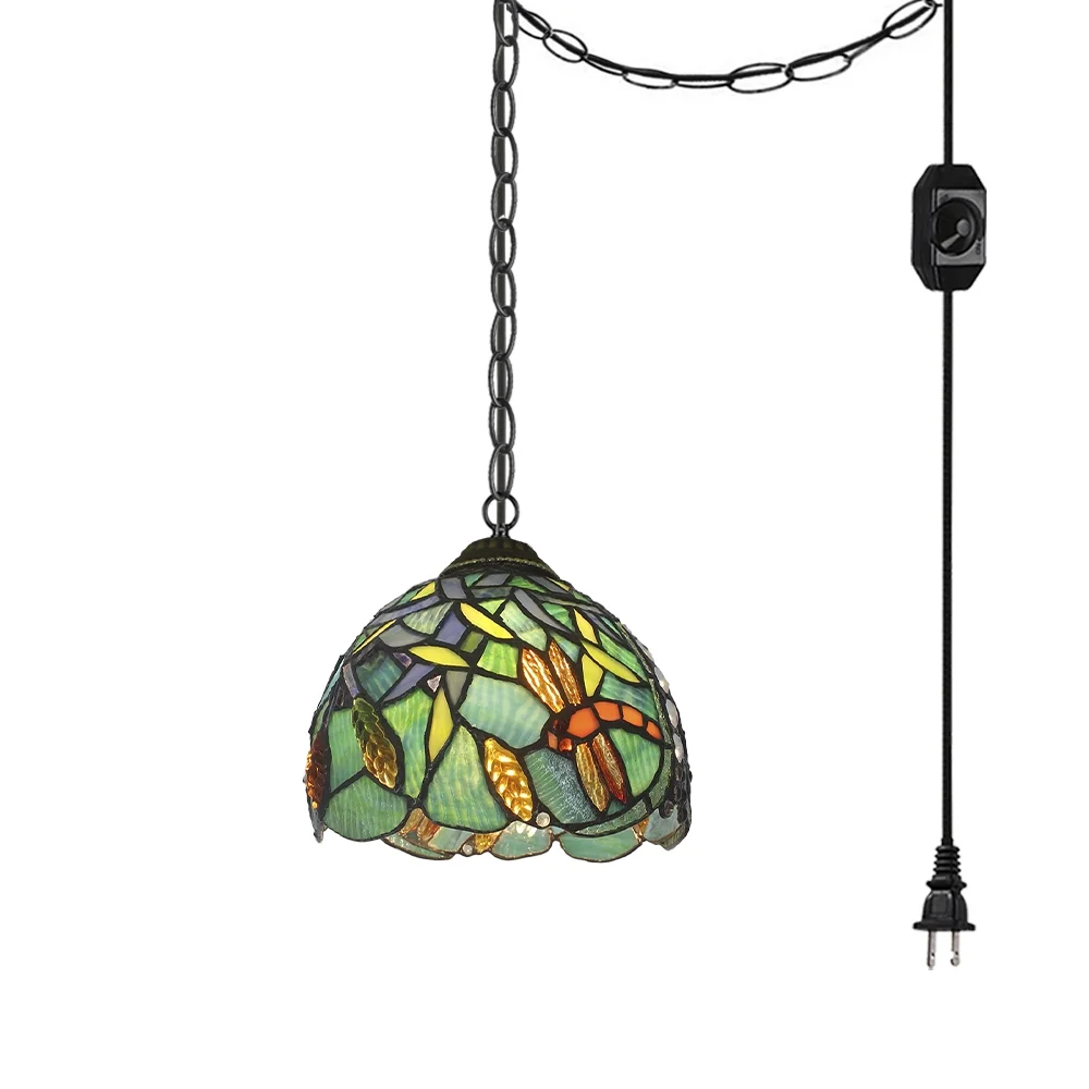 Kiven Plug in Pendant Light,E26 Socket Tiffany Style Hanging Light Fixture with 13ft Iron Chain, Dimmable,1-light