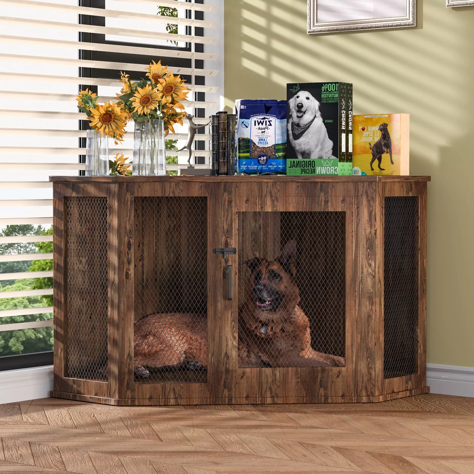 KPIBEST Corner Dog Crate Furniture, Dog Kennel Furniture with Metal Mesh, Wooden Dog Crate End Table, Small Medium Dogs, Brown