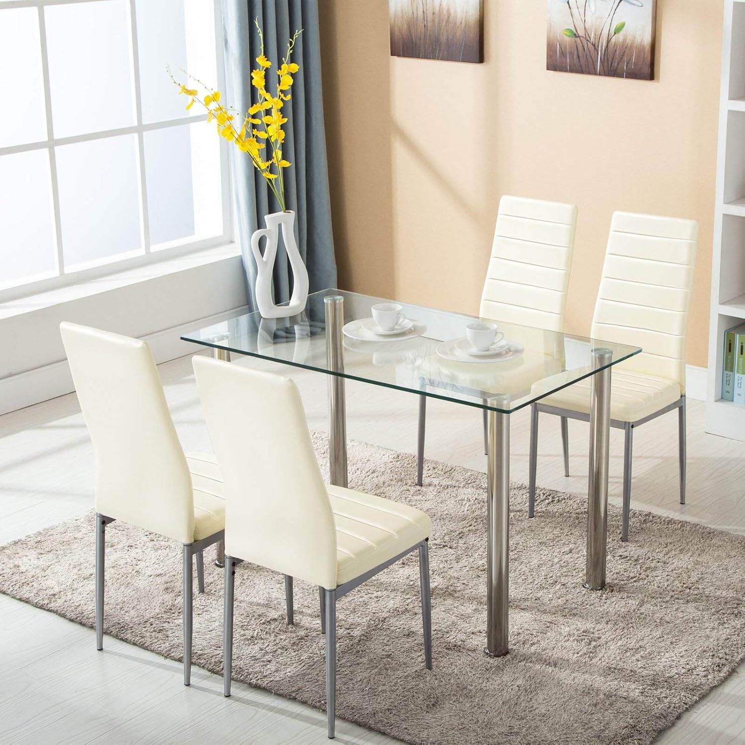 5 Piece Dining Table Set Tempered Glass Top Dinette Sets with 4 PU Leather Chairs for Dining Room Kitchen Furniture Breakfast (Beige)
