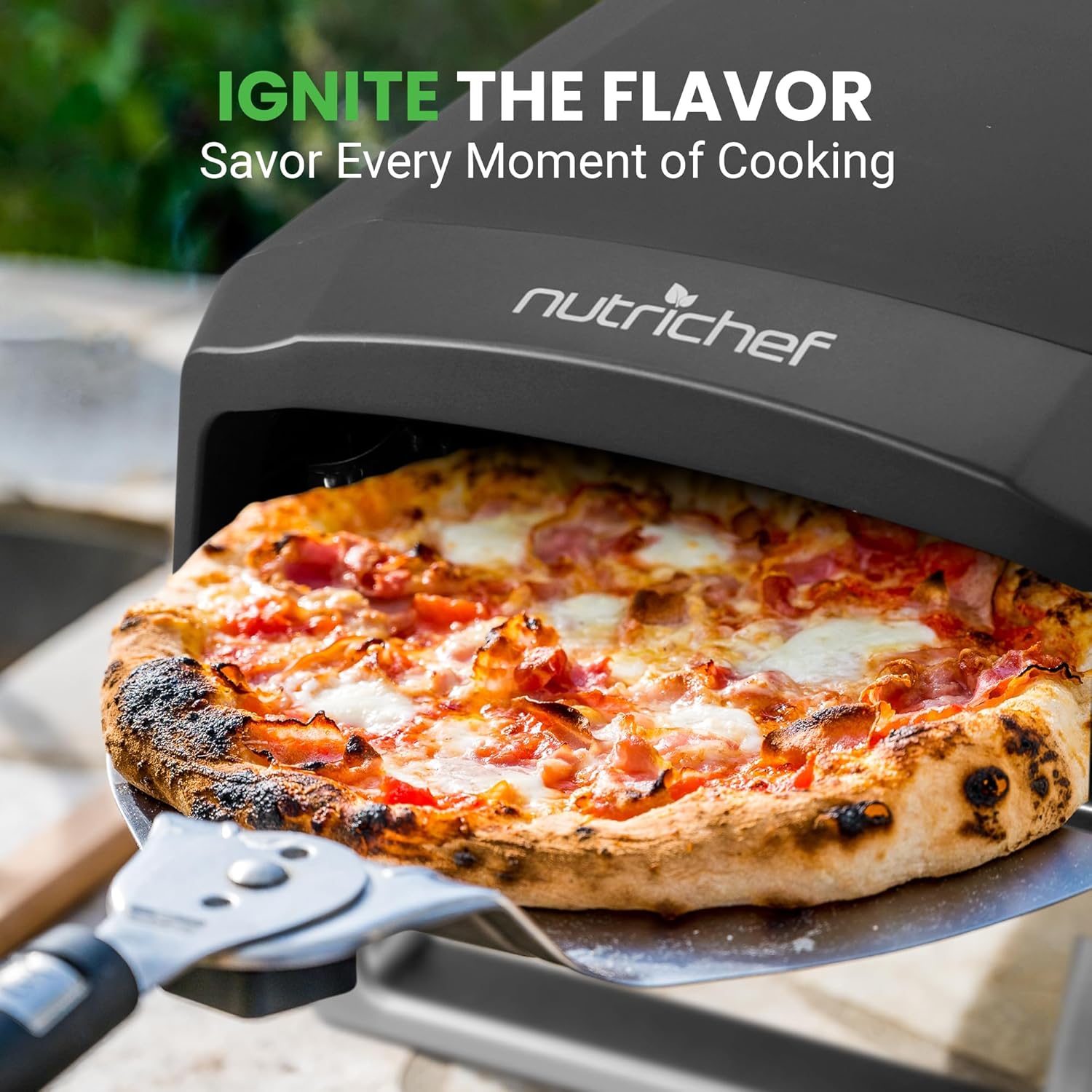 NutriChef Portable Outdoor Gas Pizza Oven - Includes Foldable Feet, Adjustable Heat Control Dial, Burner, Stone & Regulator Hose