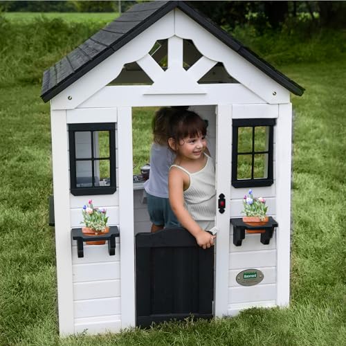 Backyard Discovery Sweetwater Cedar Wooden Kids Playhouse Cottage with Play Kitchen, Snack Bar, Half Door, Toy Phone, Windows, Flowerpot Holders