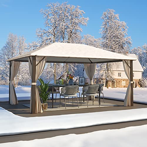 MELLCOM 10'x13' Hardtop Gazebo with Polycarbonate Double Roof, Aluminum Frame Outdoor Gazebo Permanent Pavilion with Curtains and Netting for Patio