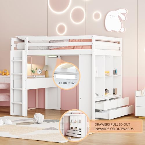 Full Size Loft Bed with Desk & Wardrobe, Solid Wood Kids Loft Bedframe w/3 Storage Drawers & 2 Shelves, Maximum Space Design, for Bedroom, Dorm, Gray